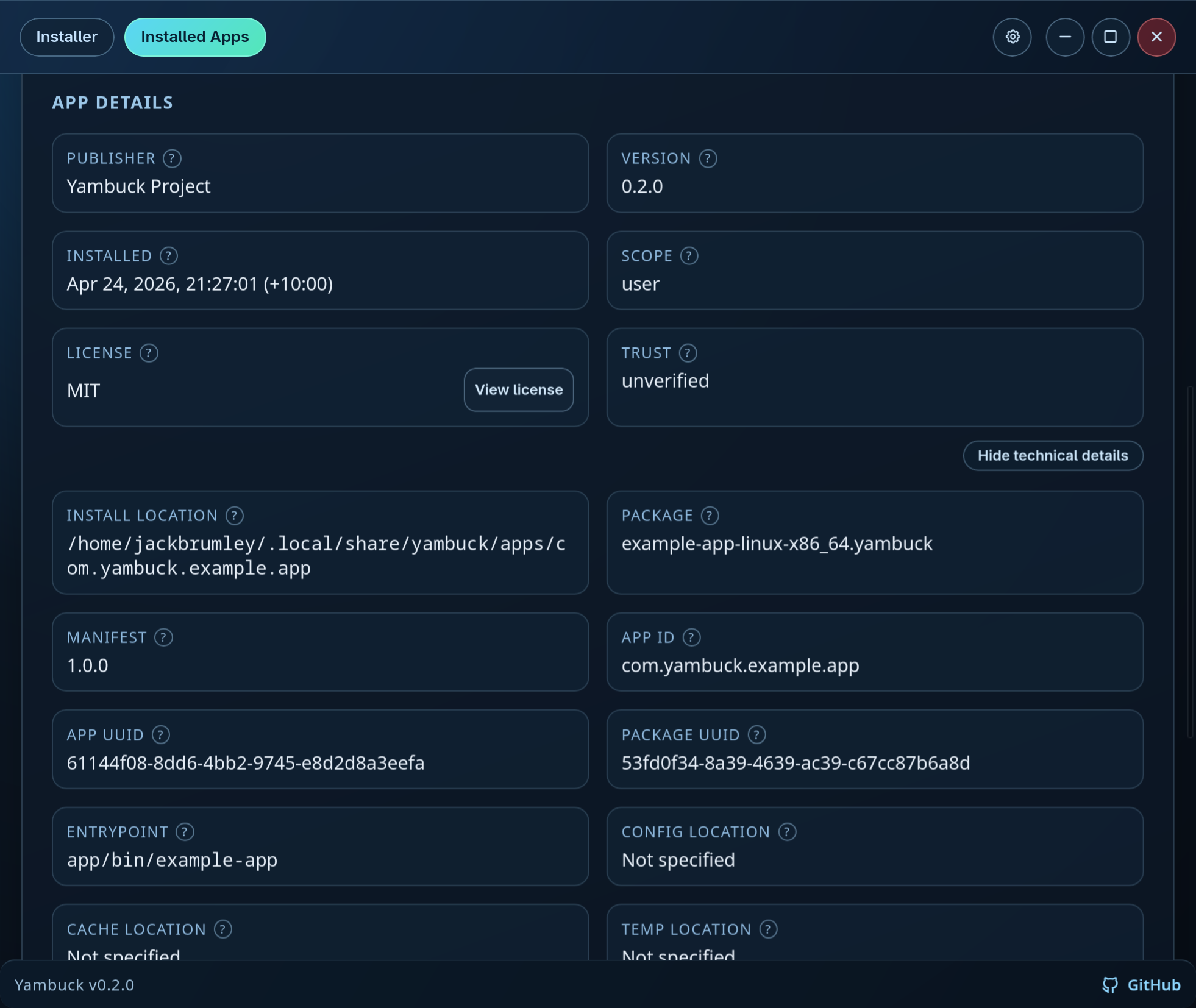 Yambuck installed app technical details