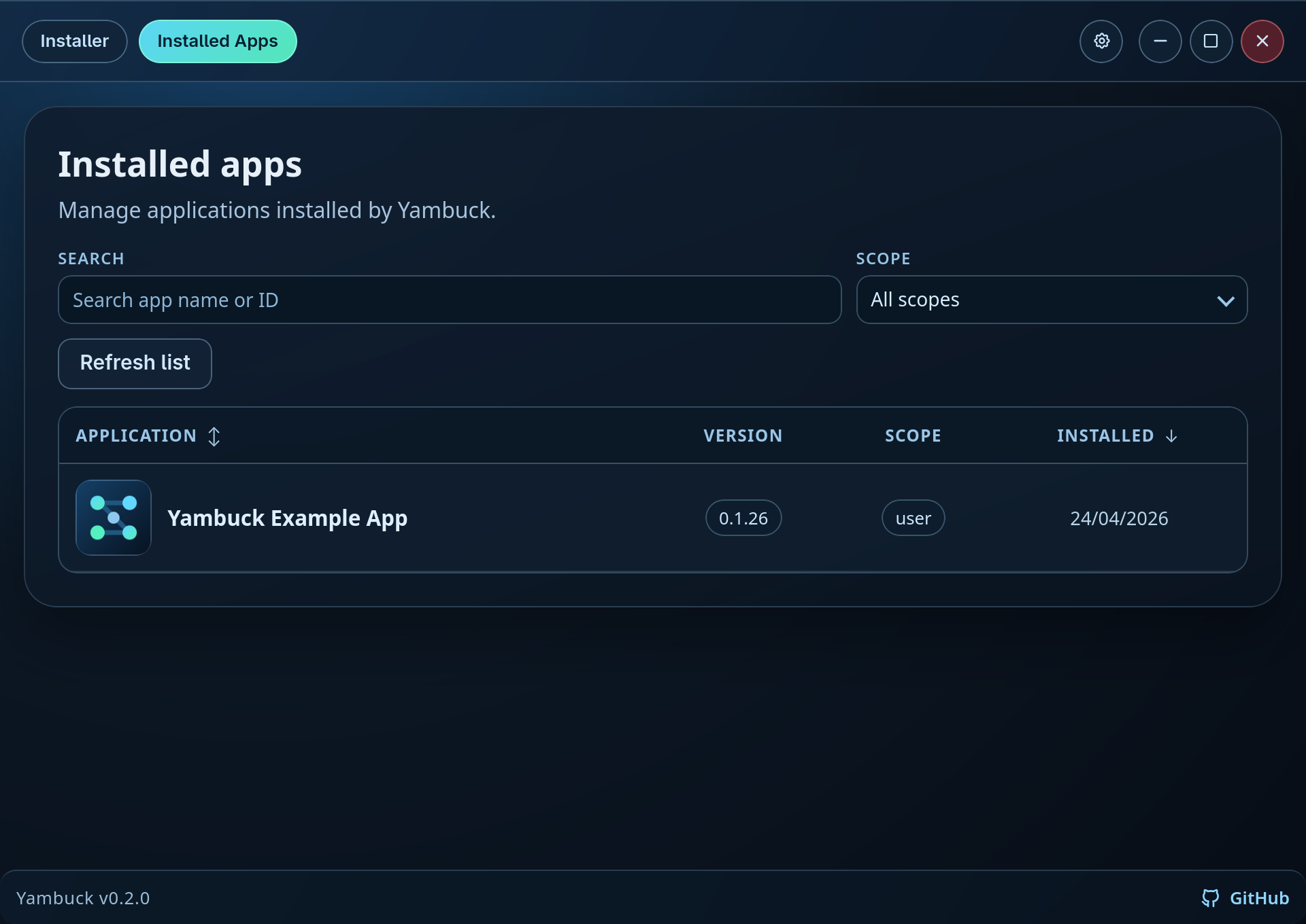 Yambuck installed apps list
