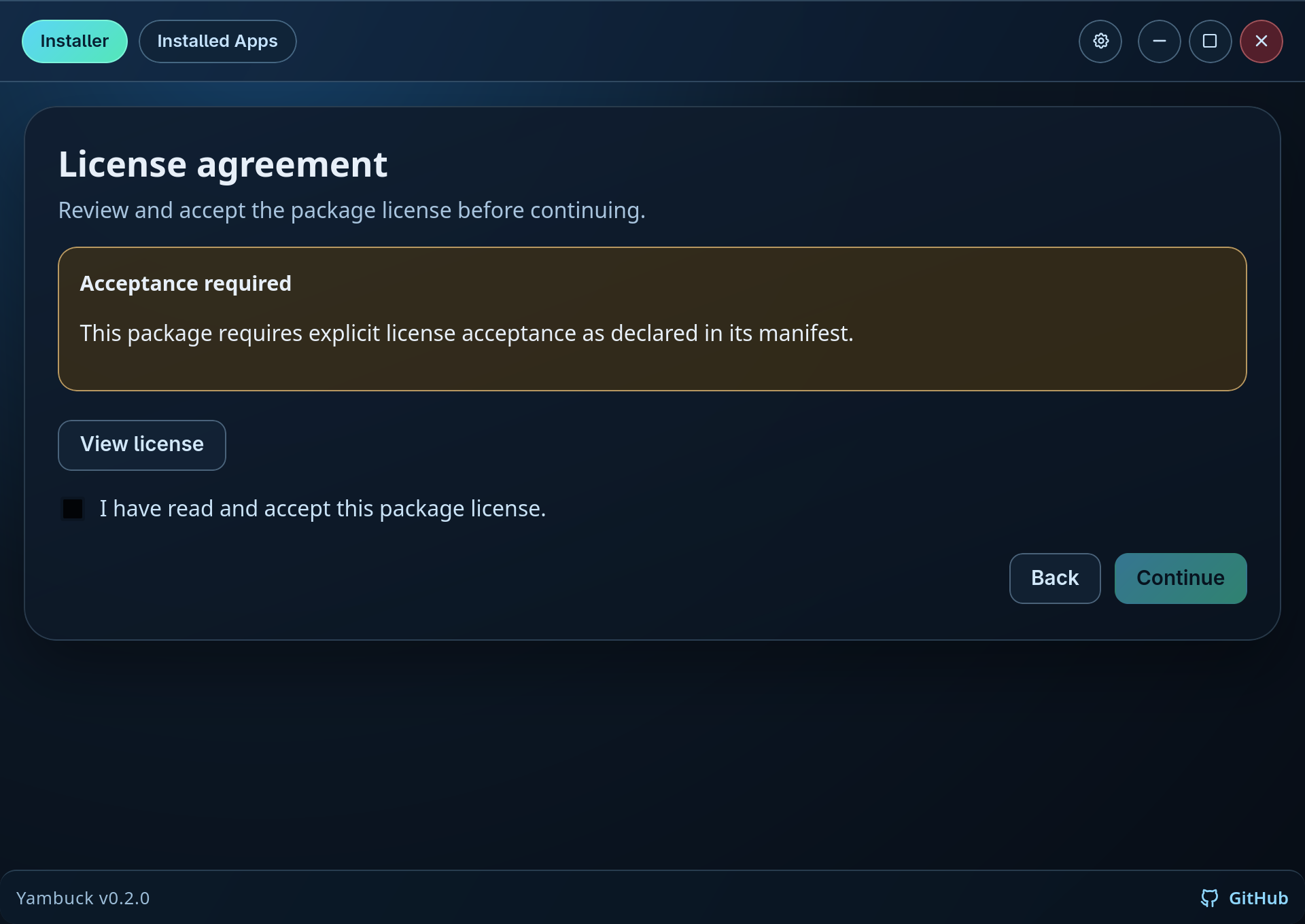 Yambuck license agreement step