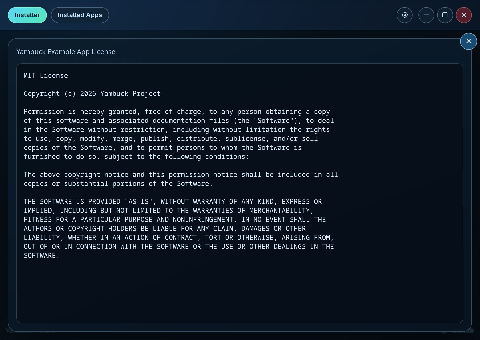 Yambuck license text dialog
