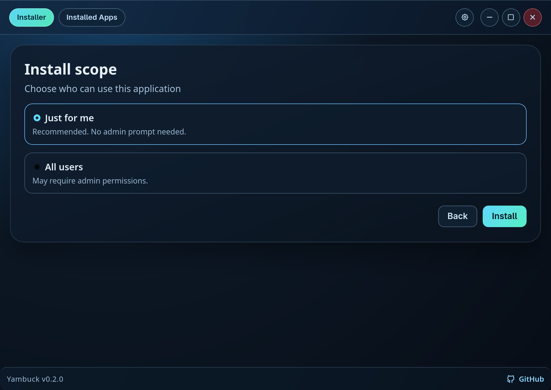 Yambuck install scope step